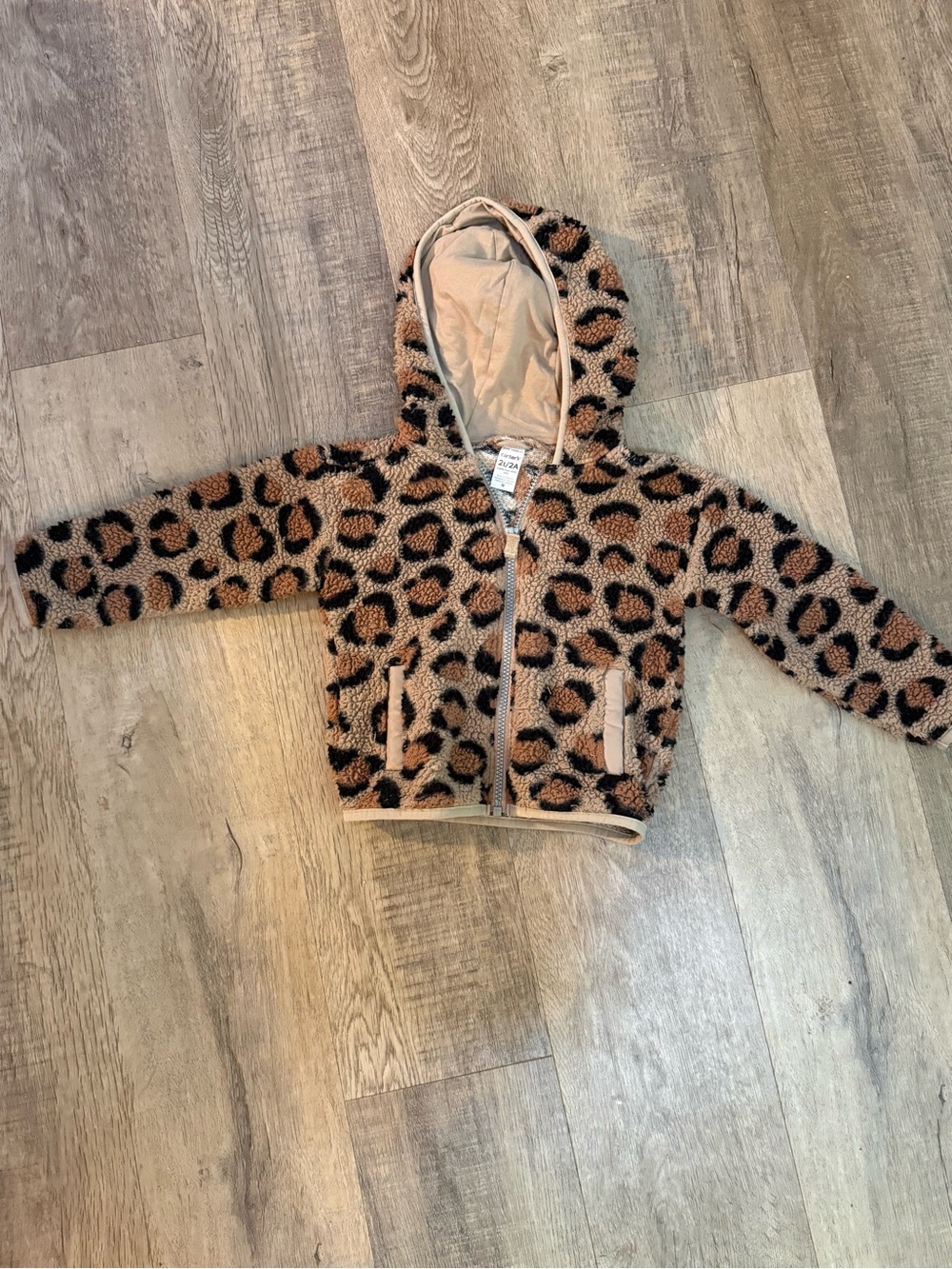 Fuzzy Leopard Print Hooded Jacket Girl 2T - Beige & Black